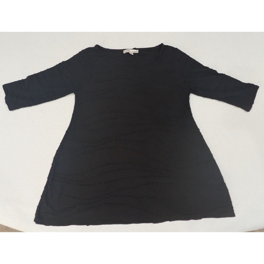 Larry Levine Tunic Top Womens Medium Black Excellent Textured 3/4 Sleeve A-Line